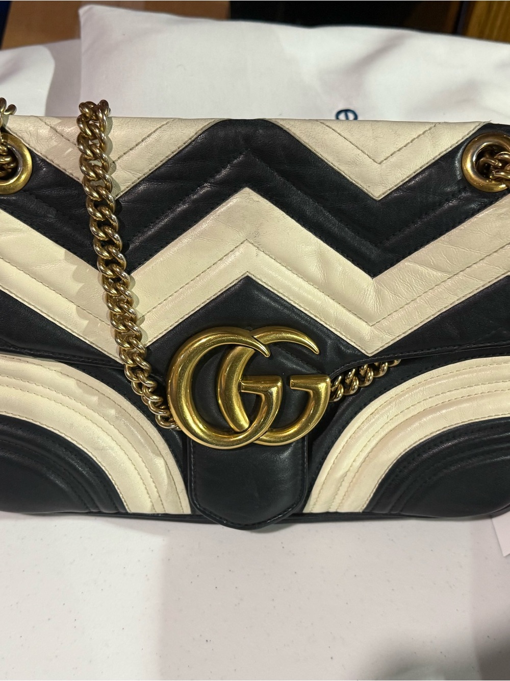 Gucci Black and Cream Chevron GG Marmont Shoulder Bag; double authentification